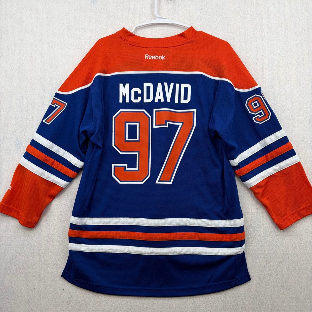 Reebok Edmonton Oilers Connor McDavid 97 Jersey Youth L/XL Blue Orange NHL
